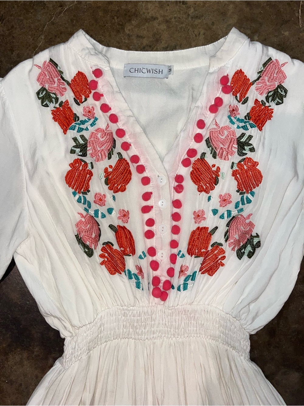 ChicWest White Maxi Dress with Pink Pom Trim - Picture 2 of 4